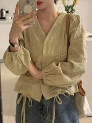 Lace Up Button Front Long Sleeve Blouse