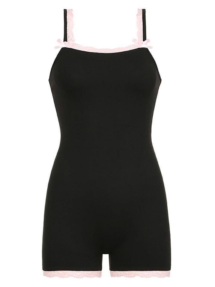 Spaghetti Strap Lace-Trim Plain Bodysuit Top