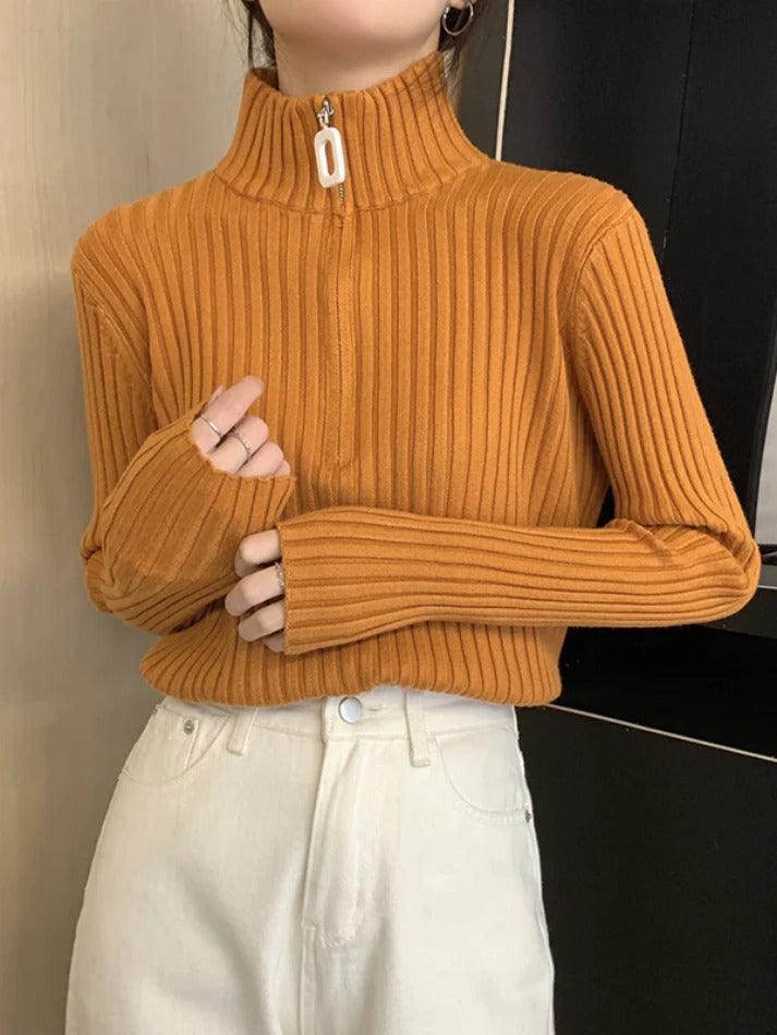 Solid Half Zip Ribbed Knit Sweater