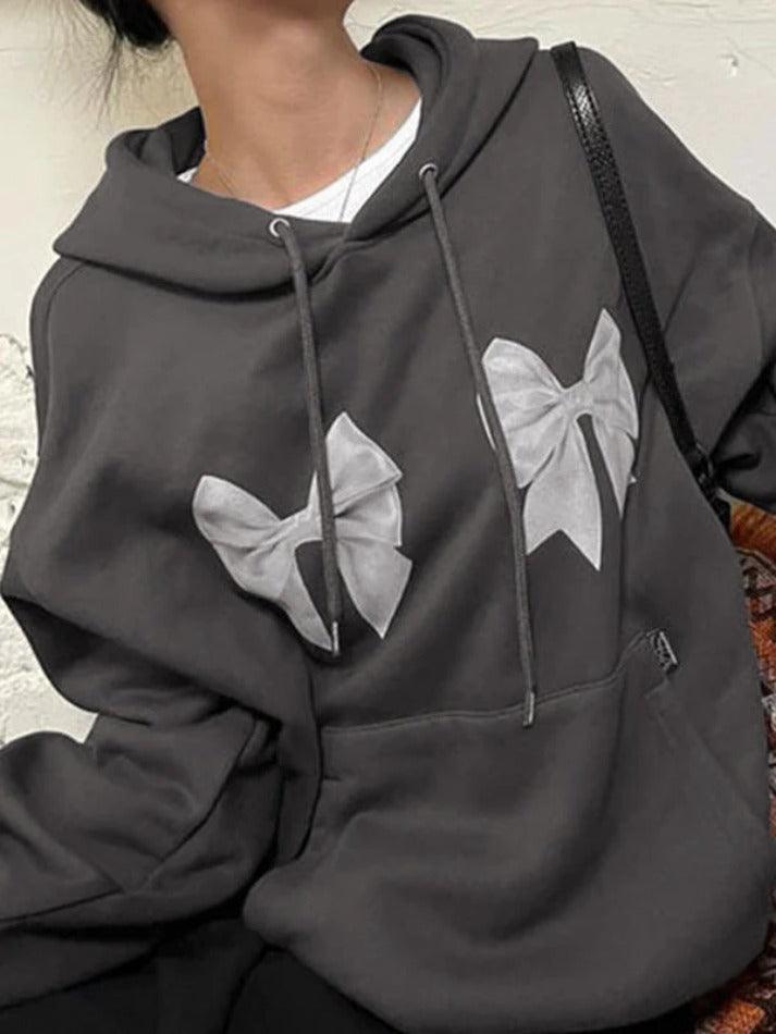 Street Bow Print Drawstring Oversized Hoodie