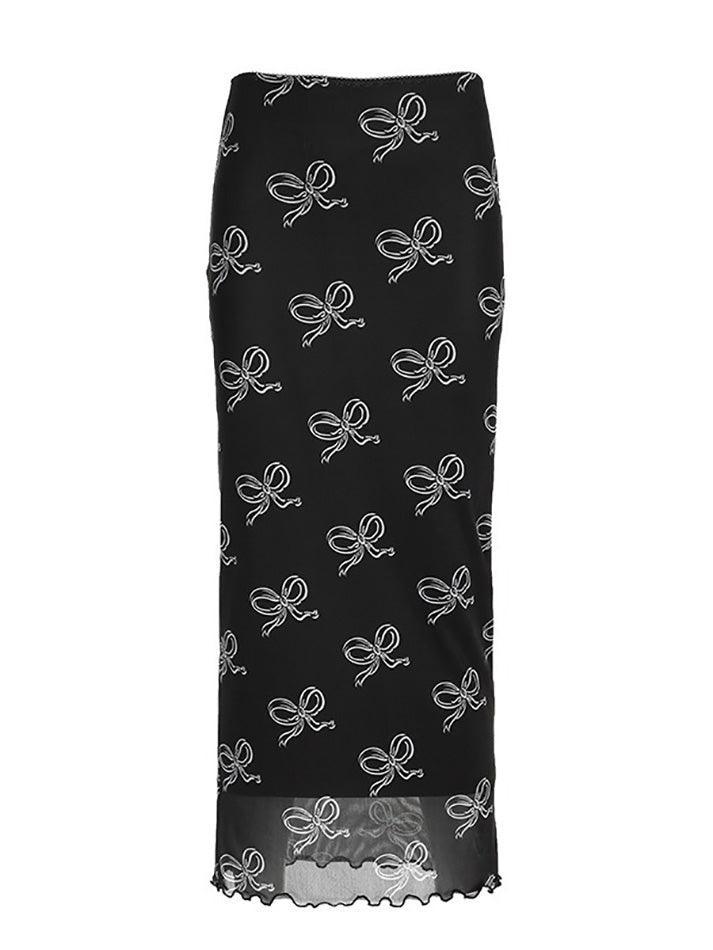 Vintage Bow Print Mesh Midi Skirt