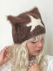 Contrast Color Star Cat Ear Styling Beanie Hat