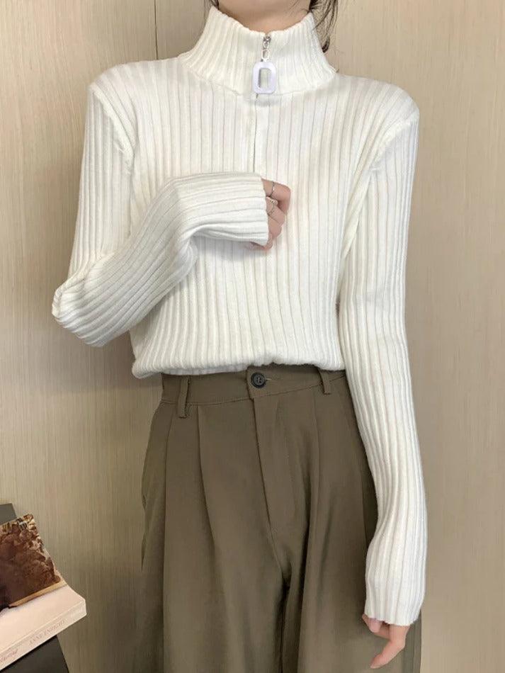 Solid Half Zip Ribbed Knit Sweater