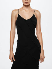 Black Side Slit Backless Maxi Dress With Ruffle Detail