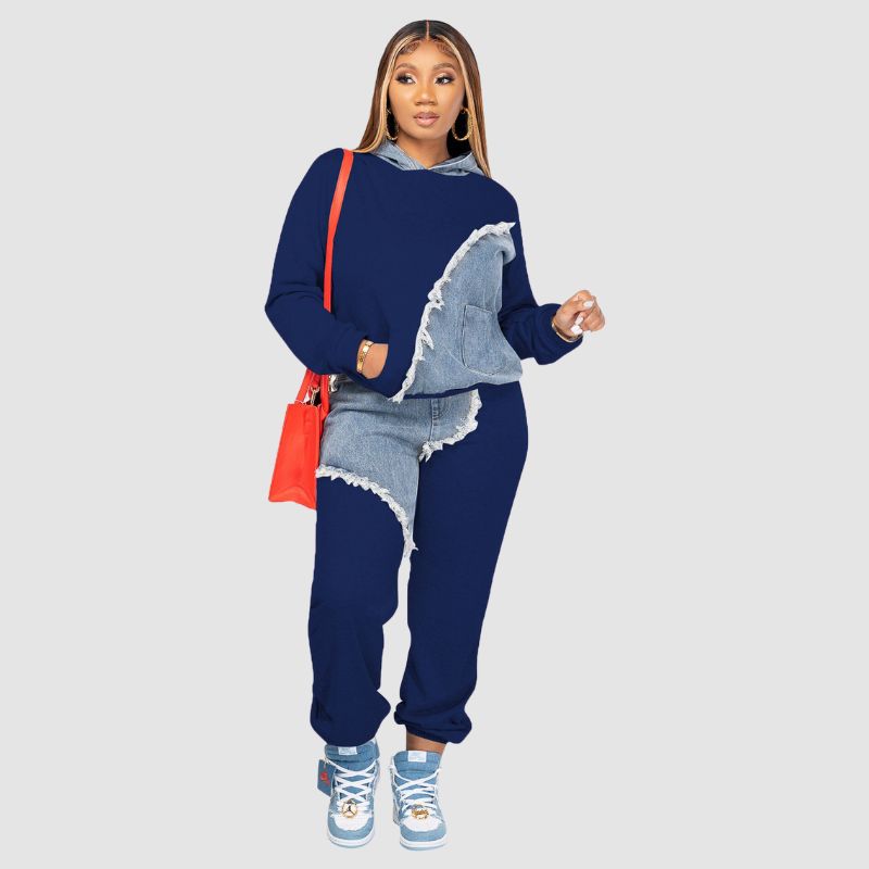 Denim Patchwork Hoodies & Pant Set