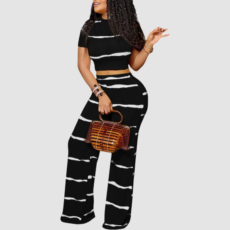 Stripe Printed Ribbed Knit Wide Leg Set