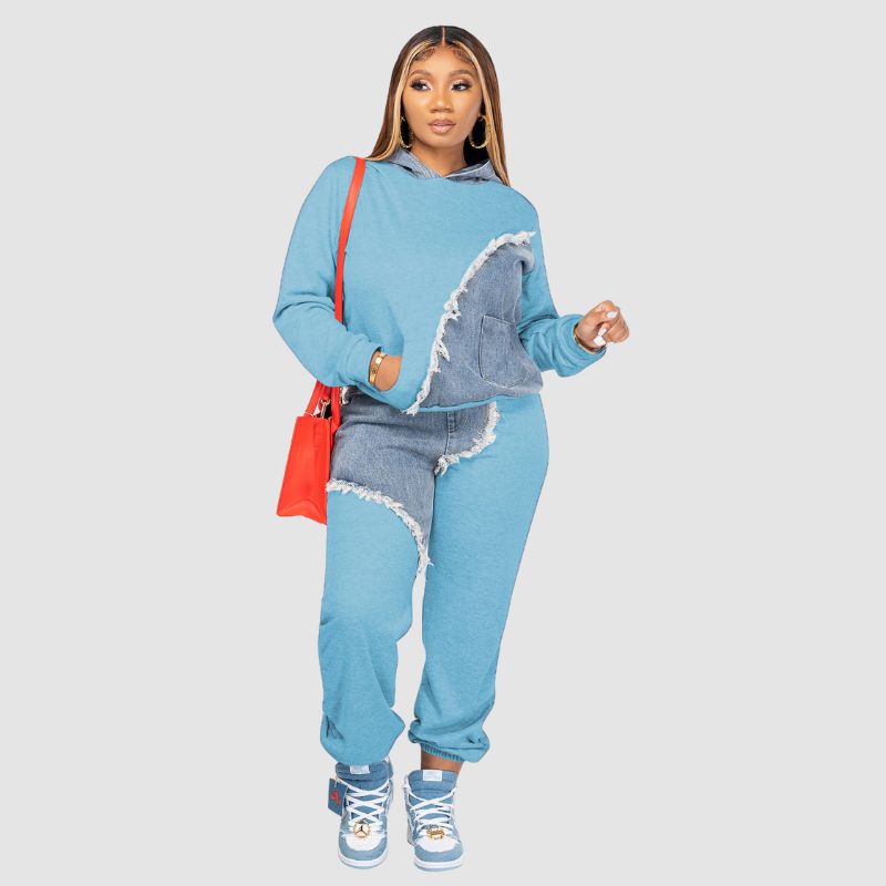 Denim Patchwork Hoodies & Pant Set