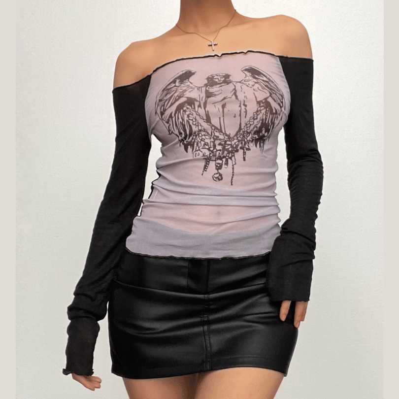 Long sleeve off shoulder ruched sheer mesh Jesus print top