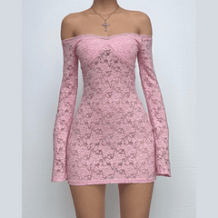 Long flared sleeve off shoulder lace see through mini dress