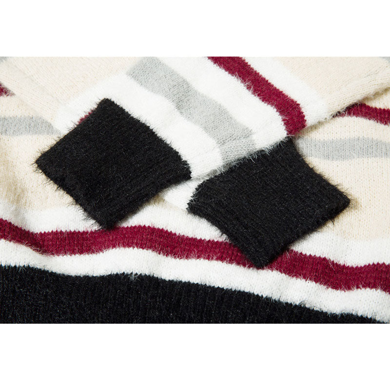 Letter Embroidered Color-blocked Stripe Pullover