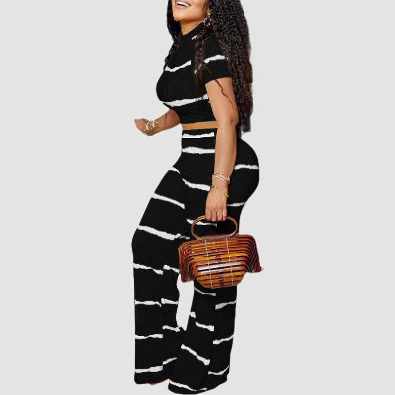 Stripe Printed Ribbed Knit Wide Leg Set