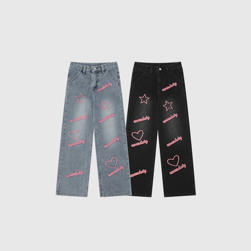 Letter and Star Embroidered Design Jeans