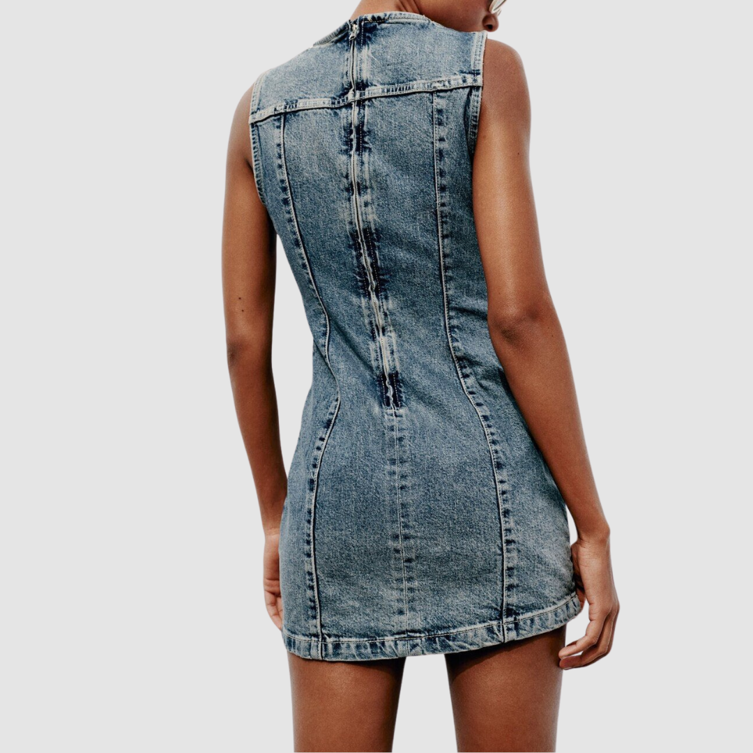 Washed Blue Sleeveless Mini Denim Dress