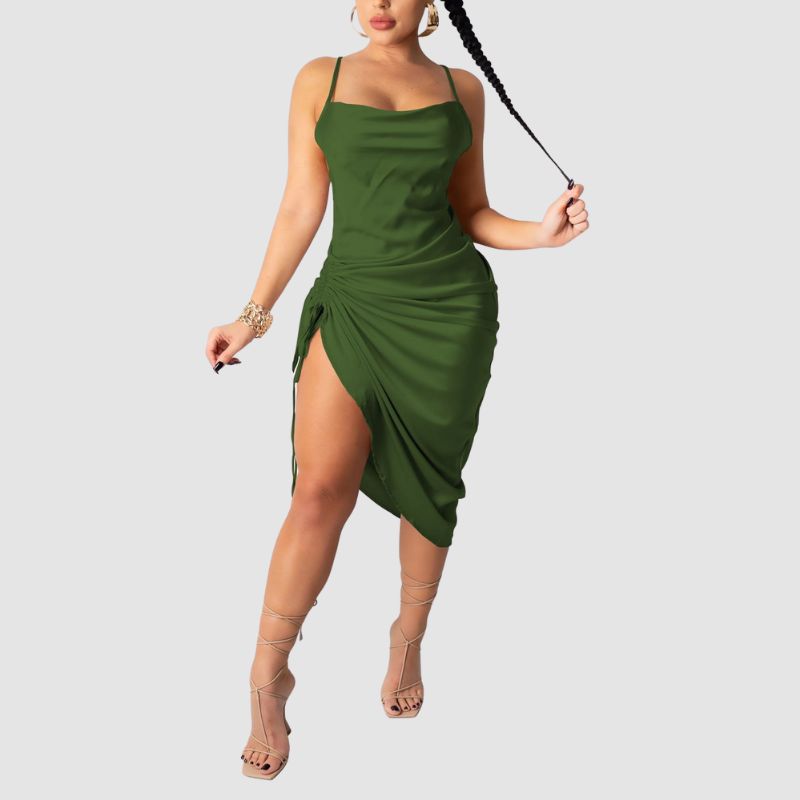 Pleated Drawstring Spaghetti Strap Dress