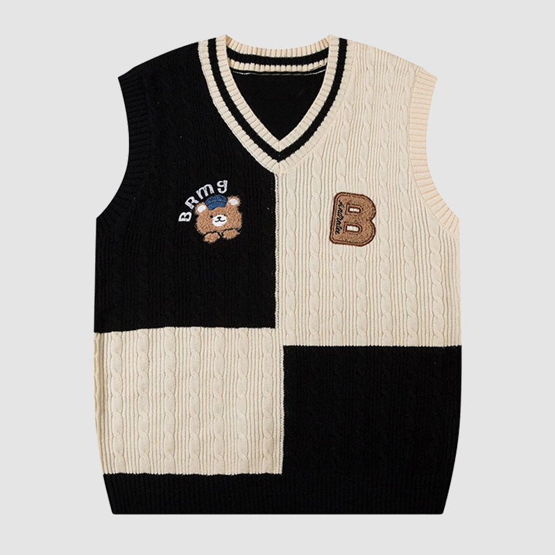 Bear Embroidered Plaid Vest Sweater