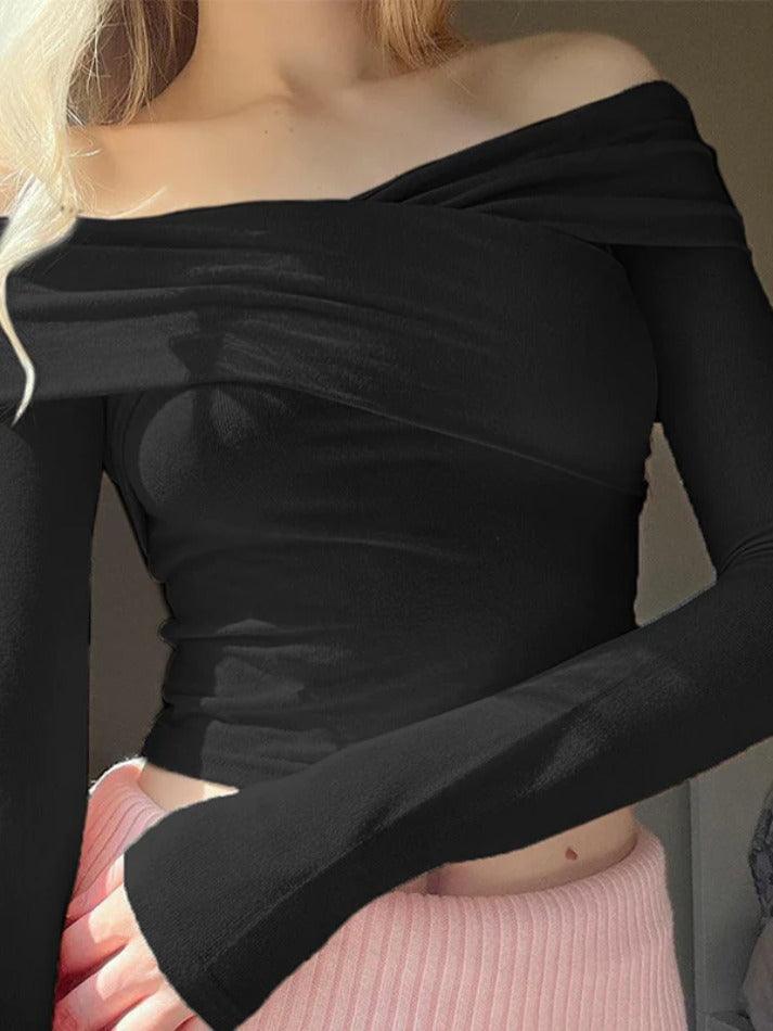 Solid Off Shoulder Crossover Design Long Sleeve Tee