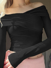 Solid Off Shoulder Crossover Design Long Sleeve Tee