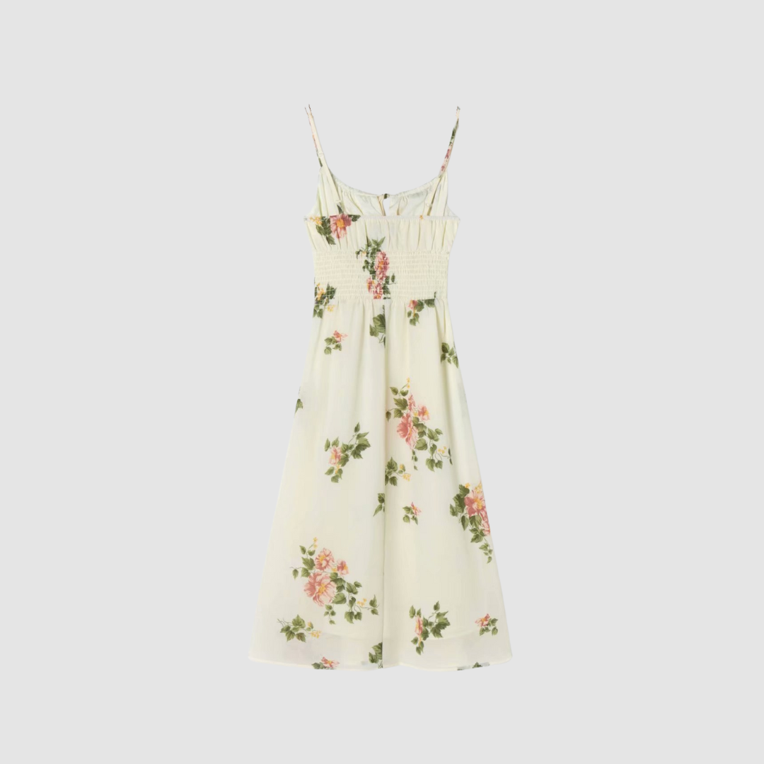 Beige Floral Front Tie Midi Dress