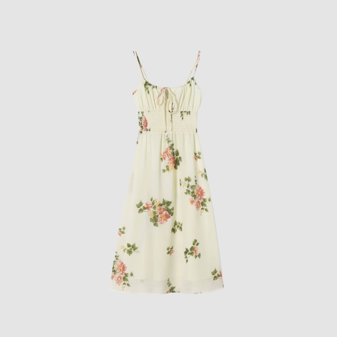 Beige Floral Front Tie Midi Dress