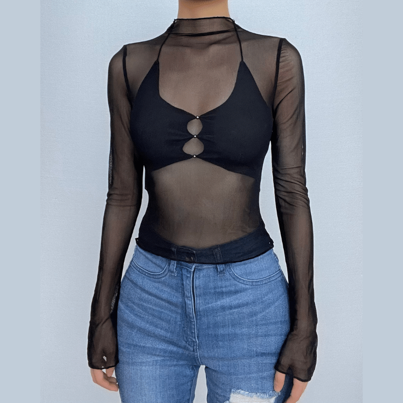 Long sleeve mesh high neck ruffle self tie solid 2 piece crop top
