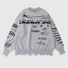 Vintage Fringed Racewear Letter Embroidery Sweater