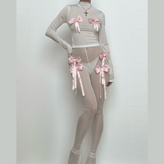 Long sleeve bowknot high neck mesh see through pant set