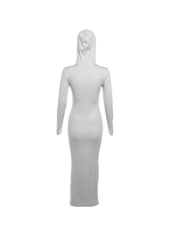 Solid Hooded Zip Up Long Sleeve Maxi Dress