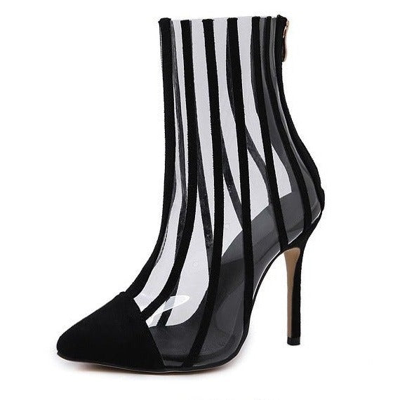 Black Clear Stripes Pointy Toe Stiletto Heel Ankle Booties