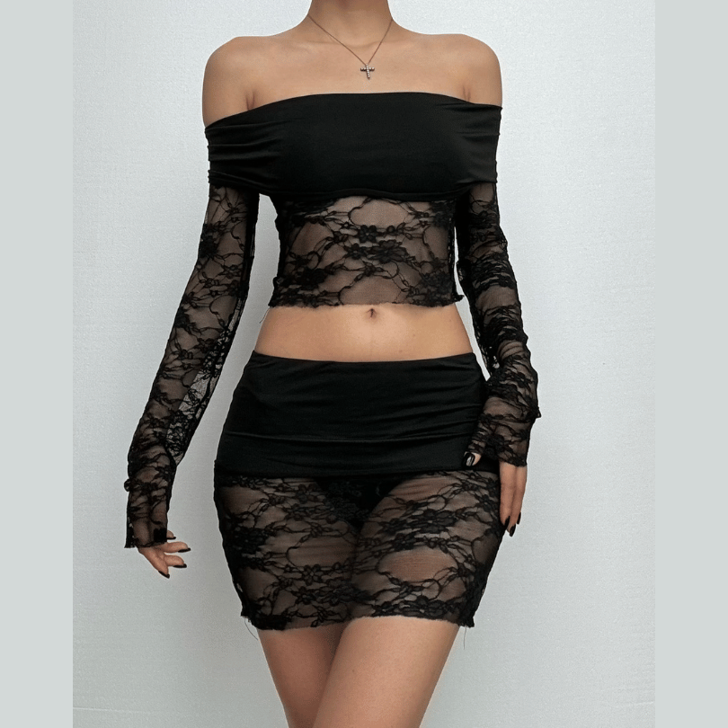 Long sleeve off shoulder lace see through mini skirt set