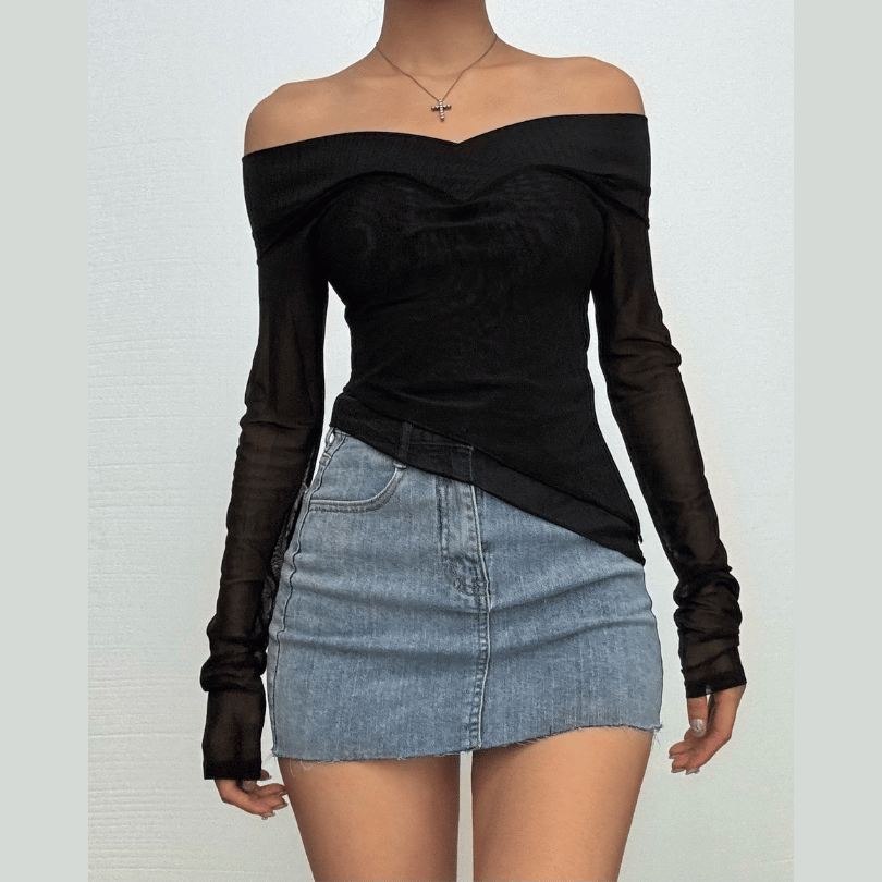 Long sleeve off shoulder mesh ruffle irregular top