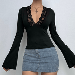 Long flared sleeve deep V neck lace hem top