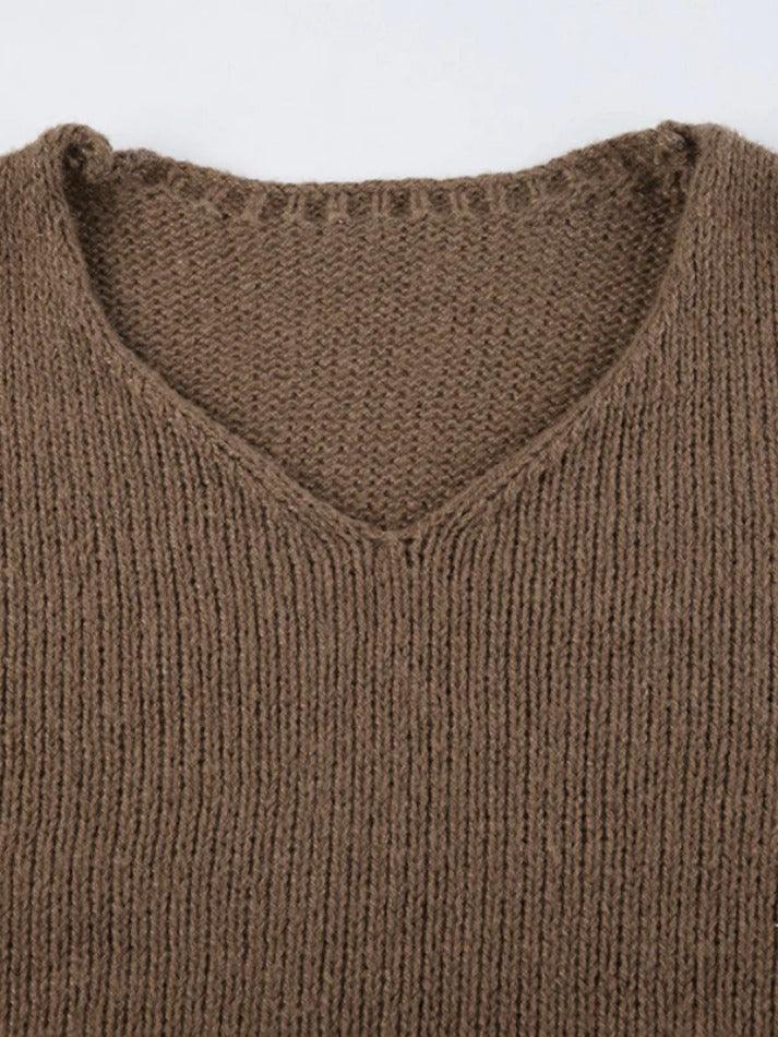 Solid V Neck Slit Rolled Sweater