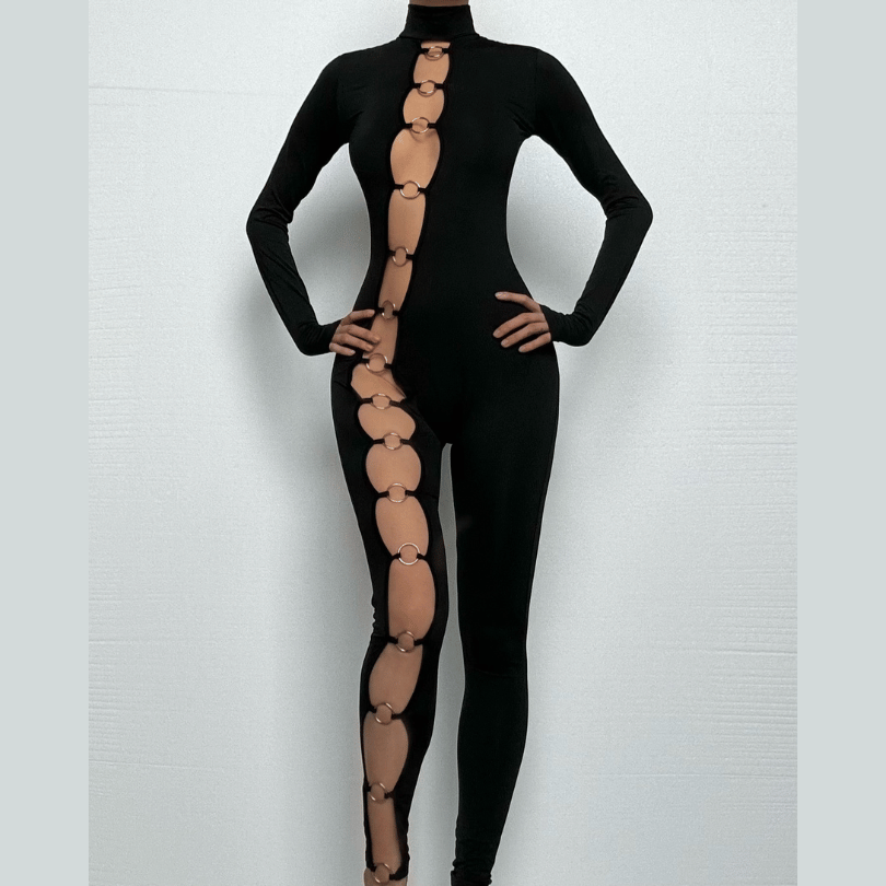 Long sleeve high neck o ring irregular jumpsuit
