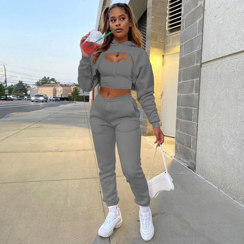 Hollow Out Hoodies & Drawstring Waist Pant Set