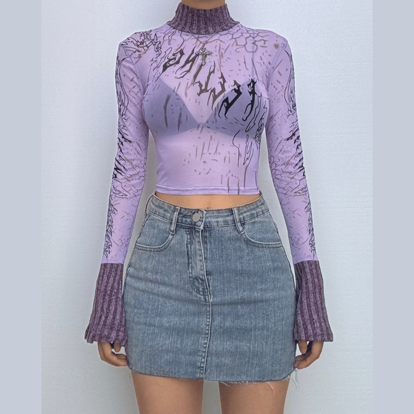 Long flared sleeve high neck see through letter print mesh top