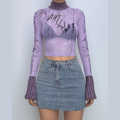 Long flared sleeve high neck see through letter print mesh top