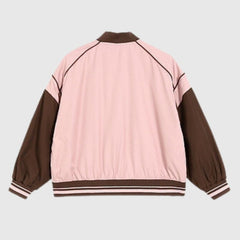 Retro Pink Color-Block Short Baseball Jacket