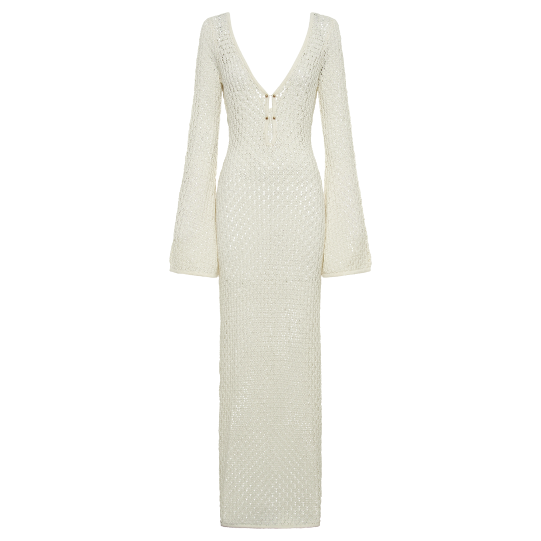 White crochet Knitted Dress With Key-Hole Cut-Outs