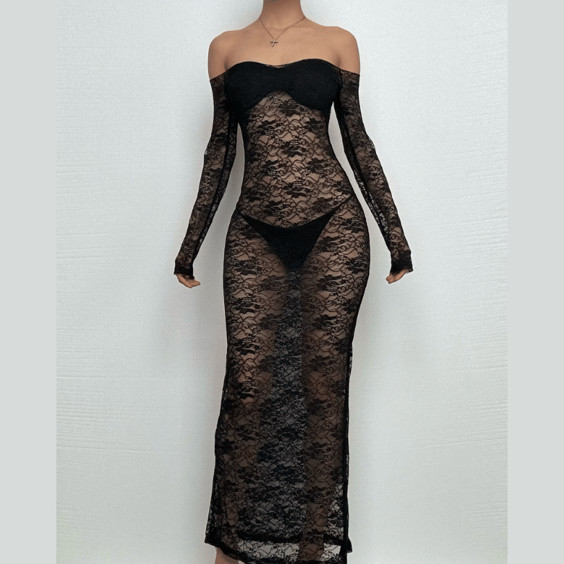 Long sleeve lace off shoulder see through solid maxi dress