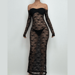 Long sleeve lace off shoulder see through solid maxi dress