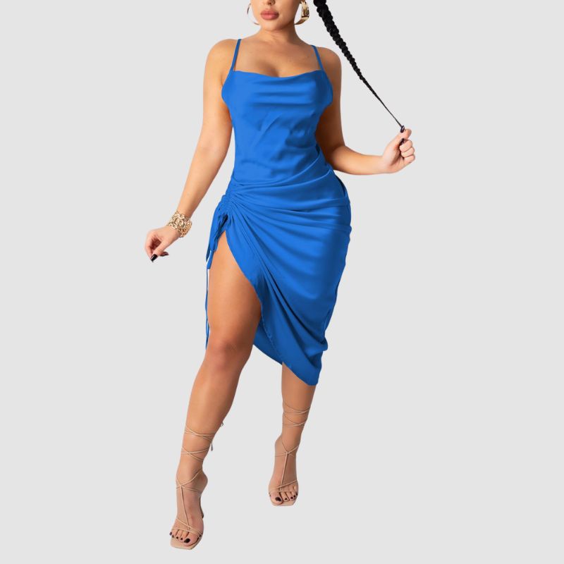 Pleated Drawstring Spaghetti Strap Dress