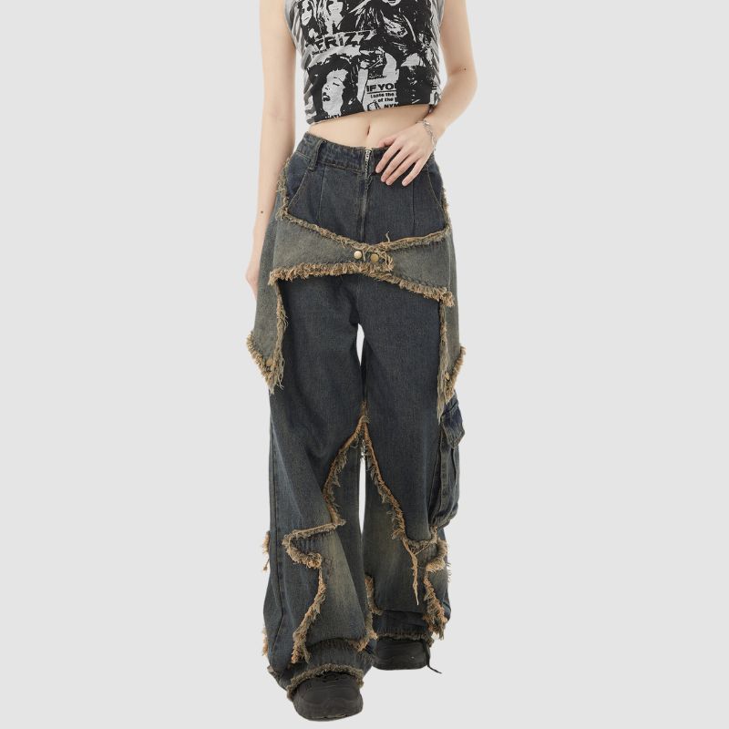 Star Pattern Frayed Patchwork Jeans