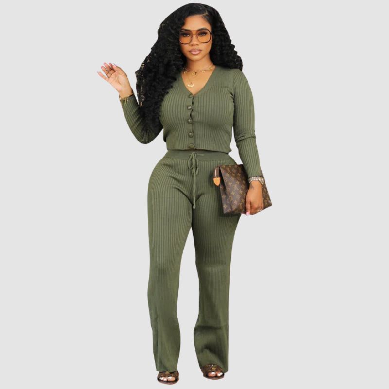 V-neck Crop Top & Drawstring Knit Pant set