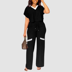 V-neck Color Contrast Tee & Wide Leg Pants Set