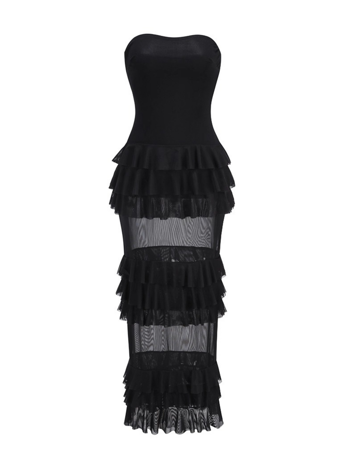 Miya Strapless Mesh Maxi Dress with Ruffle Panels