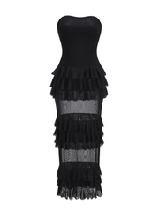 Miya Strapless Mesh Maxi Dress with Ruffle Panels
