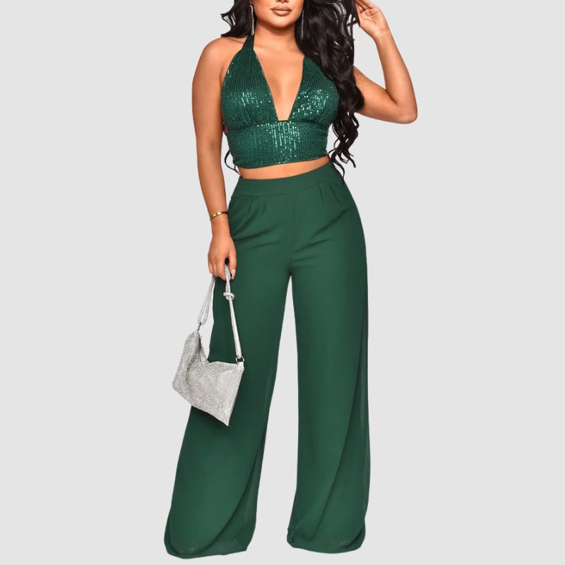 Sequined Halter Vest & High Waisted Straight Pants Set