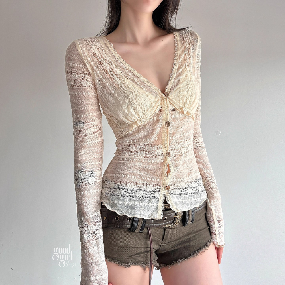 Ivie Button-Up Sheer Long Sleeve Top