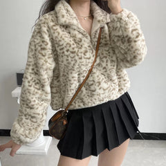 Leopard Plush Drawstring Coat