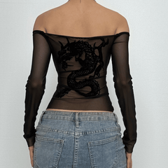Long sleeve off shoulder dragon print sheer mesh top